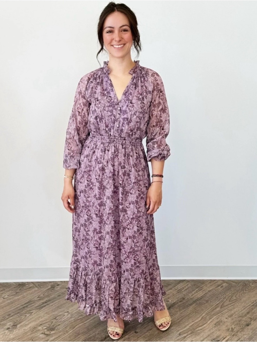 NWT - Women's Lavender Floral Maxi Dress with Ruffle Collar